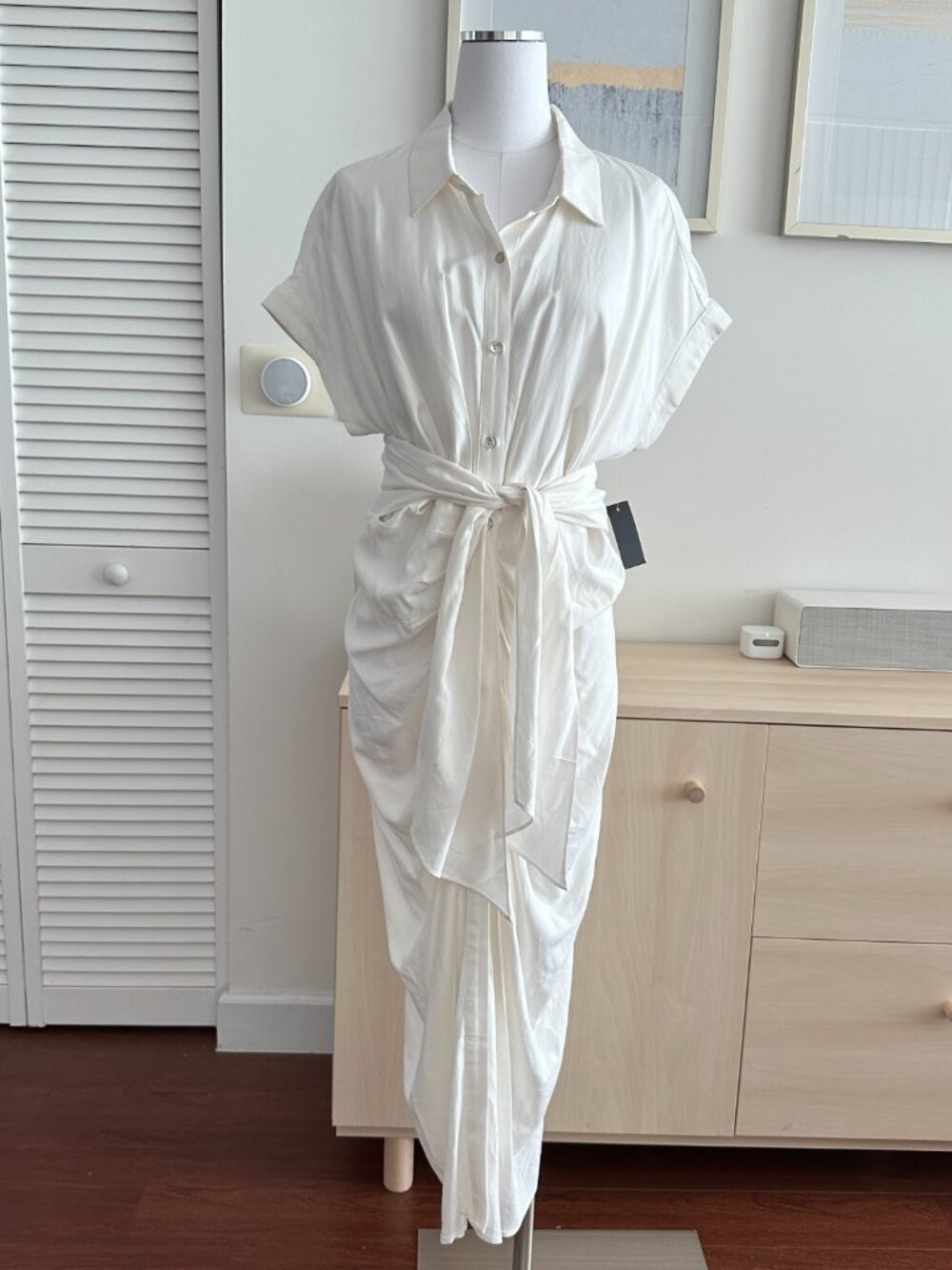 Hotmiamistyles Shirt Dress‎ Large White Cream Belted Midi Draped